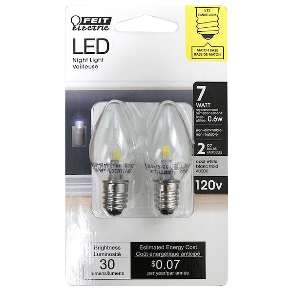 Feit Electric Feit C7 E12 (Candelabra) LED Bulb White 7 Watt Equivalence 2 pk BPC7/LED - main